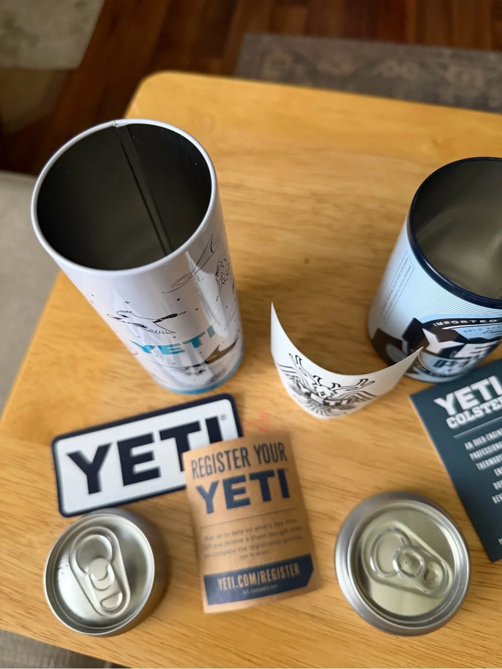 Yeti Blue & White Slim Can Cooler with Sticker Card